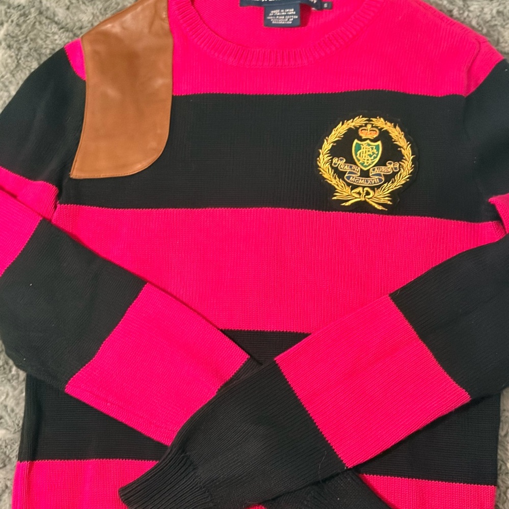 Pink and Black Striped Sweater with Crest